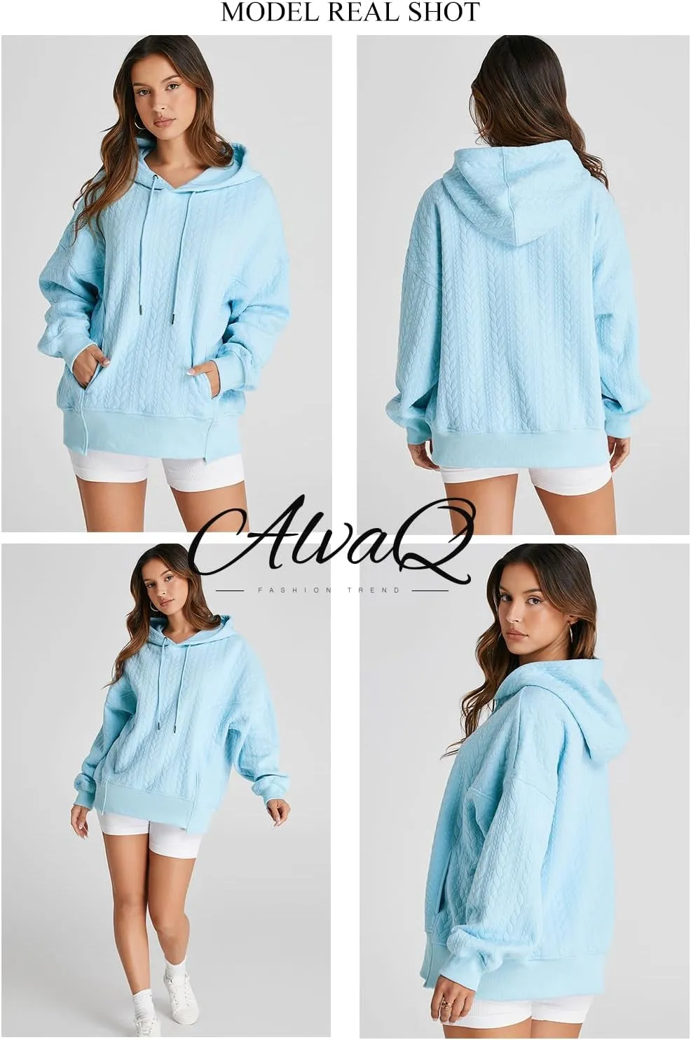 AlvaQ Womens Oversized Hoodies Fall Winter Casual Quilted Long Sleeve Drawstring Hooded Pocketed Sweatshirts Pullover Top