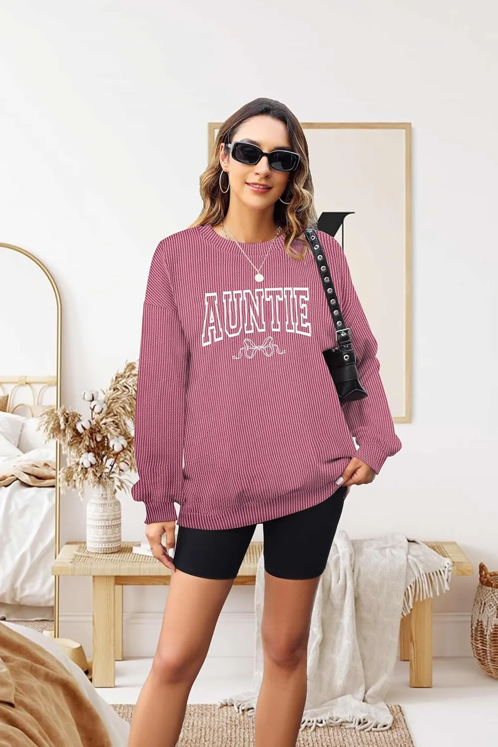 Aunt Shirt Women Auntie Shirts: Cool Aunts Club Long Sleeve Aunt Gifts Lightweight Shirt Ribbed Textured Loose Novetly Top