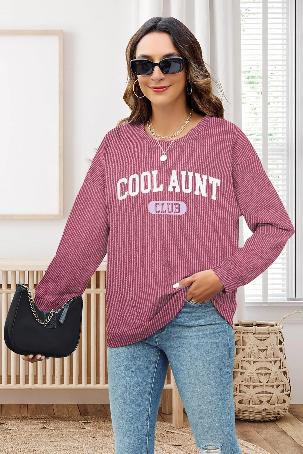 Aunt Shirt Women Auntie Shirts: Cool Aunts Club Long Sleeve Aunt Gifts Lightweight Shirt Ribbed Textured Loose Novetly Top