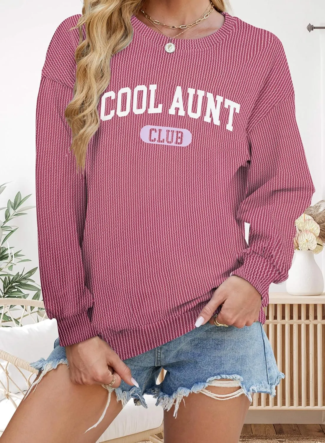 Aunt Shirt Women Auntie Shirts: Cool Aunts Club Long Sleeve Aunt Gifts Lightweight Shirt Ribbed Textured Loose Novetly Top