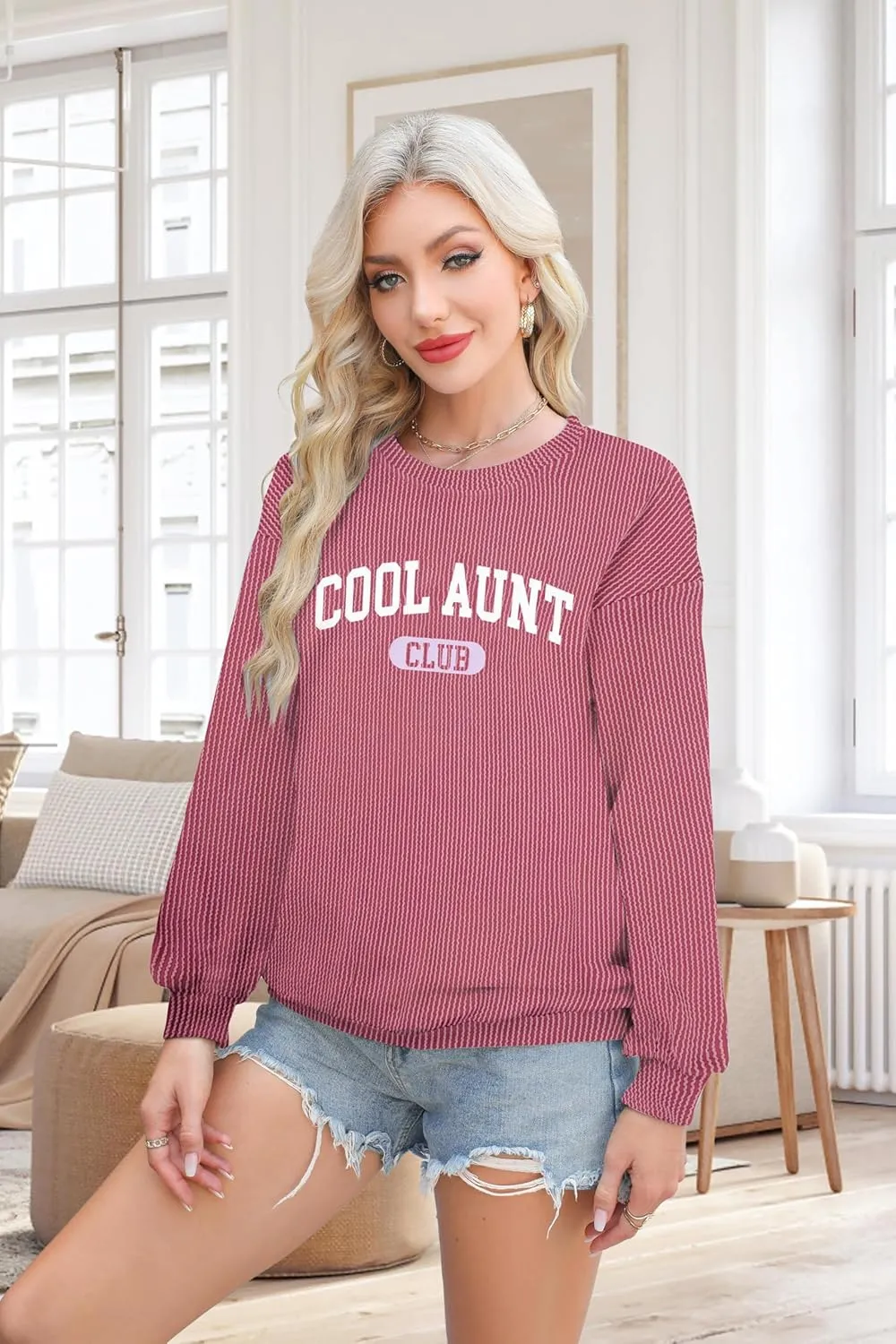 Aunt Shirt Women Auntie Shirts: Cool Aunts Club Long Sleeve Aunt Gifts Lightweight Shirt Ribbed Textured Loose Novetly Top
