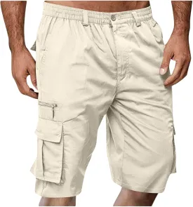 Cargo Shorts for Men Summer Work Hiking Pants Elastic Waist Knee Length Big and Tall Bermuda Shorts with Pockets