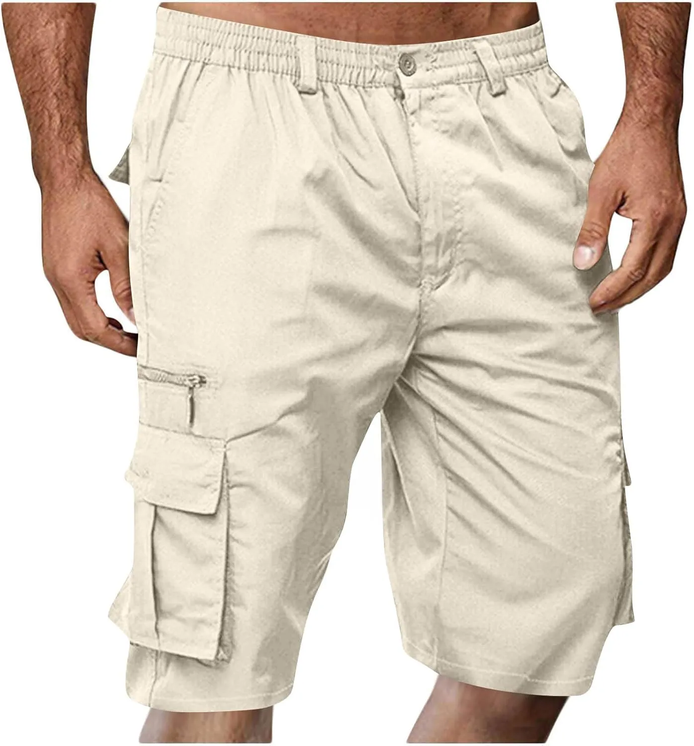 Cargo Shorts for Men Summer Work Hiking Pants Elastic Waist Knee Length Big and Tall Bermuda Shorts with Pockets