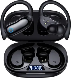 GNMN Ear Buds Wireless Earbuds 96hrs Playback Bluetooth Headphones IPX7 Waterproof Stereo Bass Over-Ear Earphones with Earhooks Microphone LED Battery Display for Sports/Workout/Gym/Running Black