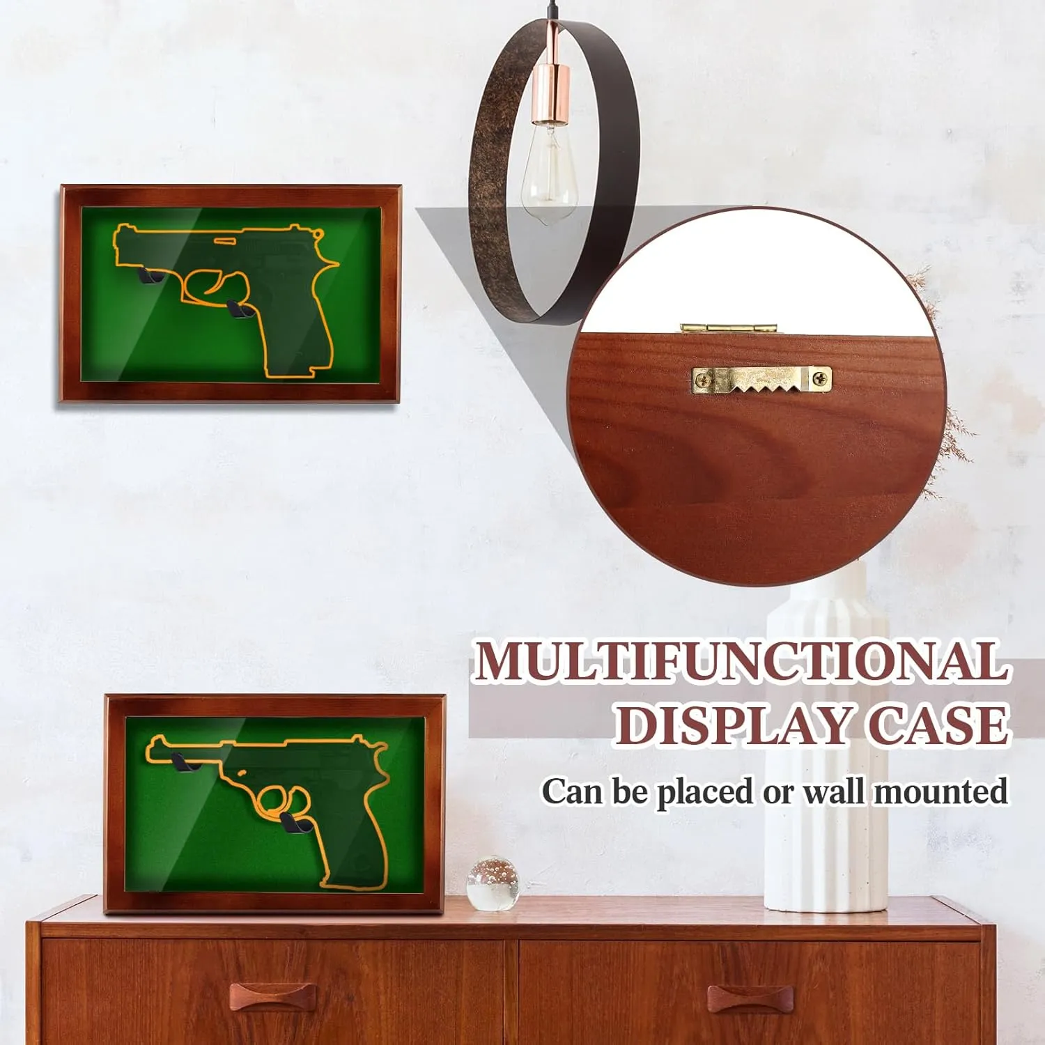 Gun Display Case with Lock Wall Mount Wooden Pistol Display Case W/ 98% UV Protection Acrylic Clear Door Gun Shadow Box Stand Rack Holder for Collection(Reddish Brown,1gun Displaycase)