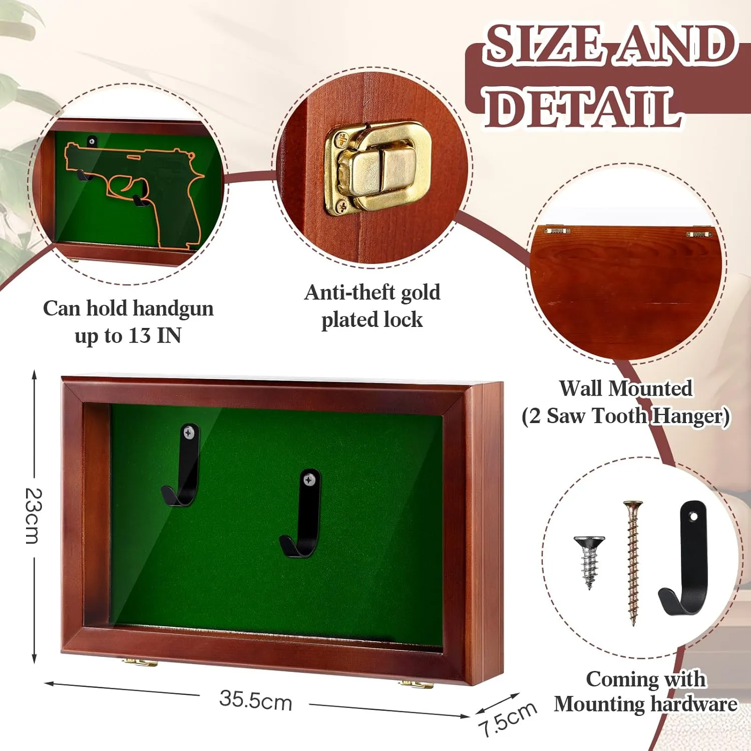 Gun Display Case with Lock Wall Mount Wooden Pistol Display Case W/ 98% UV Protection Acrylic Clear Door Gun Shadow Box Stand Rack Holder for Collection(Reddish Brown,1gun Displaycase)