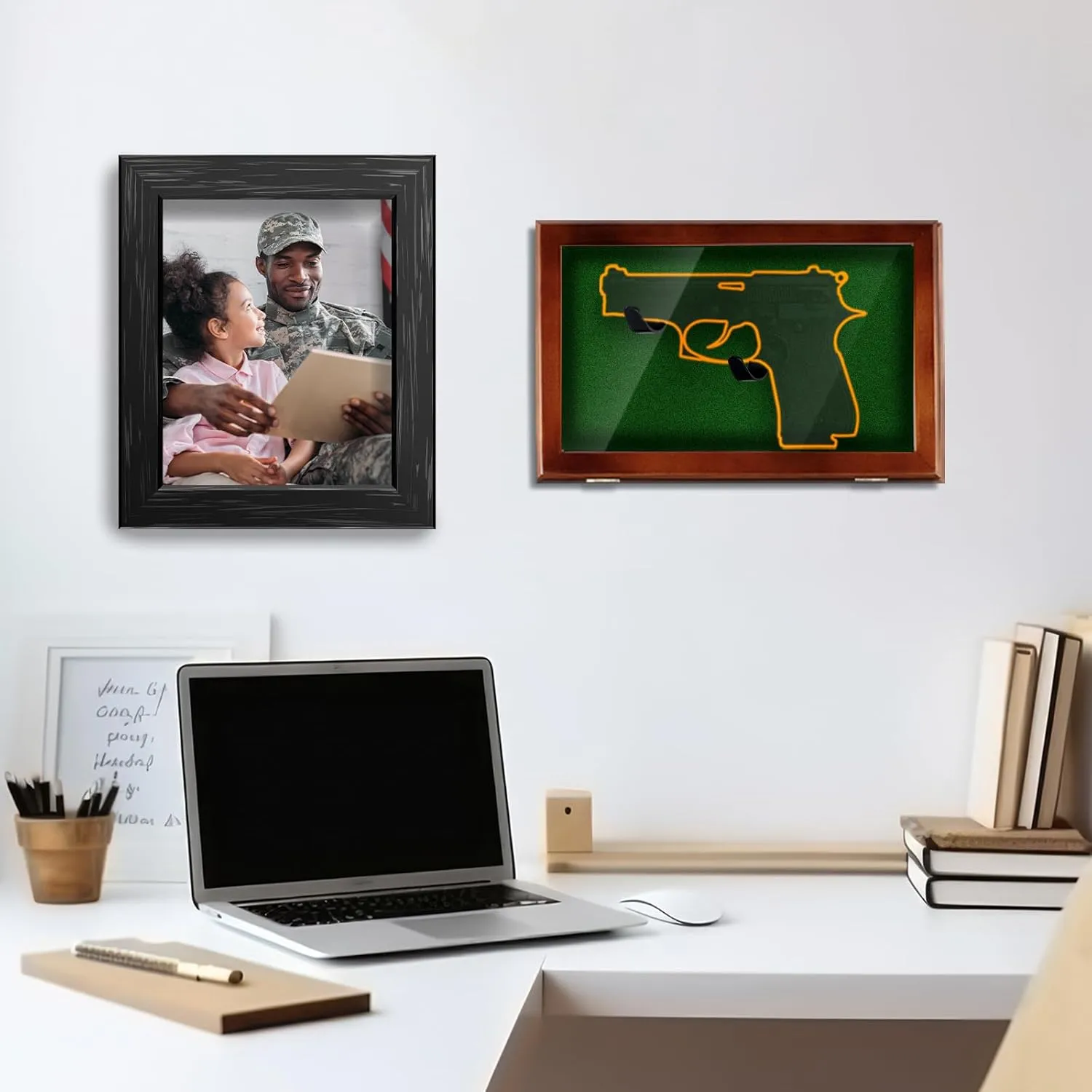 Gun Display Case with Lock Wall Mount Wooden Pistol Display Case W/ 98% UV Protection Acrylic Clear Door Gun Shadow Box Stand Rack Holder for Collection(Reddish Brown,1gun Displaycase)