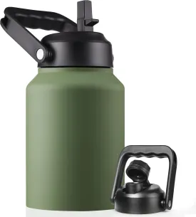 Half Gallon Insulated Water Bottle Jug with Straw, 64 oz Large Stainless Steel Sports Metal Water Flask with Handle, Thermal Water Cup Mug with 2 Lids, Army Green
