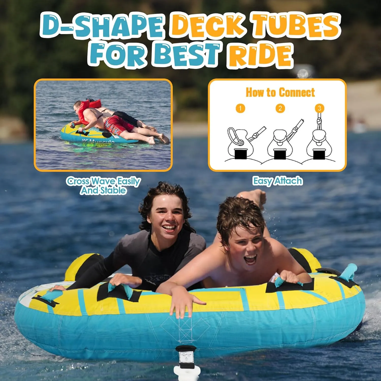 K-Musculo Towable Tubes for Boating, 840D Heavy Duty Tubes for Boating, EVA Grab Handles & Speed Safety Valve