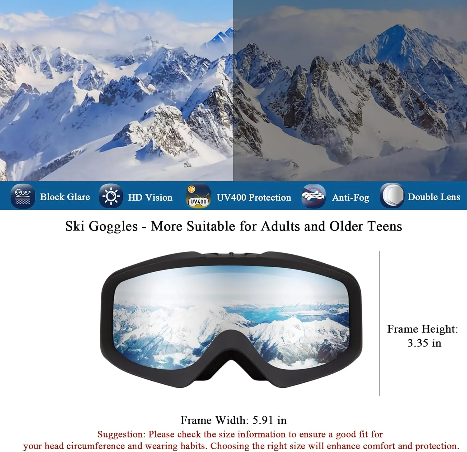 Karsaer Ski Goggles Anti-Fog Snow Goggles OTG 100% UV Protection Snowboard Goggles Bendable Dual-Lenses for Men Women Youth