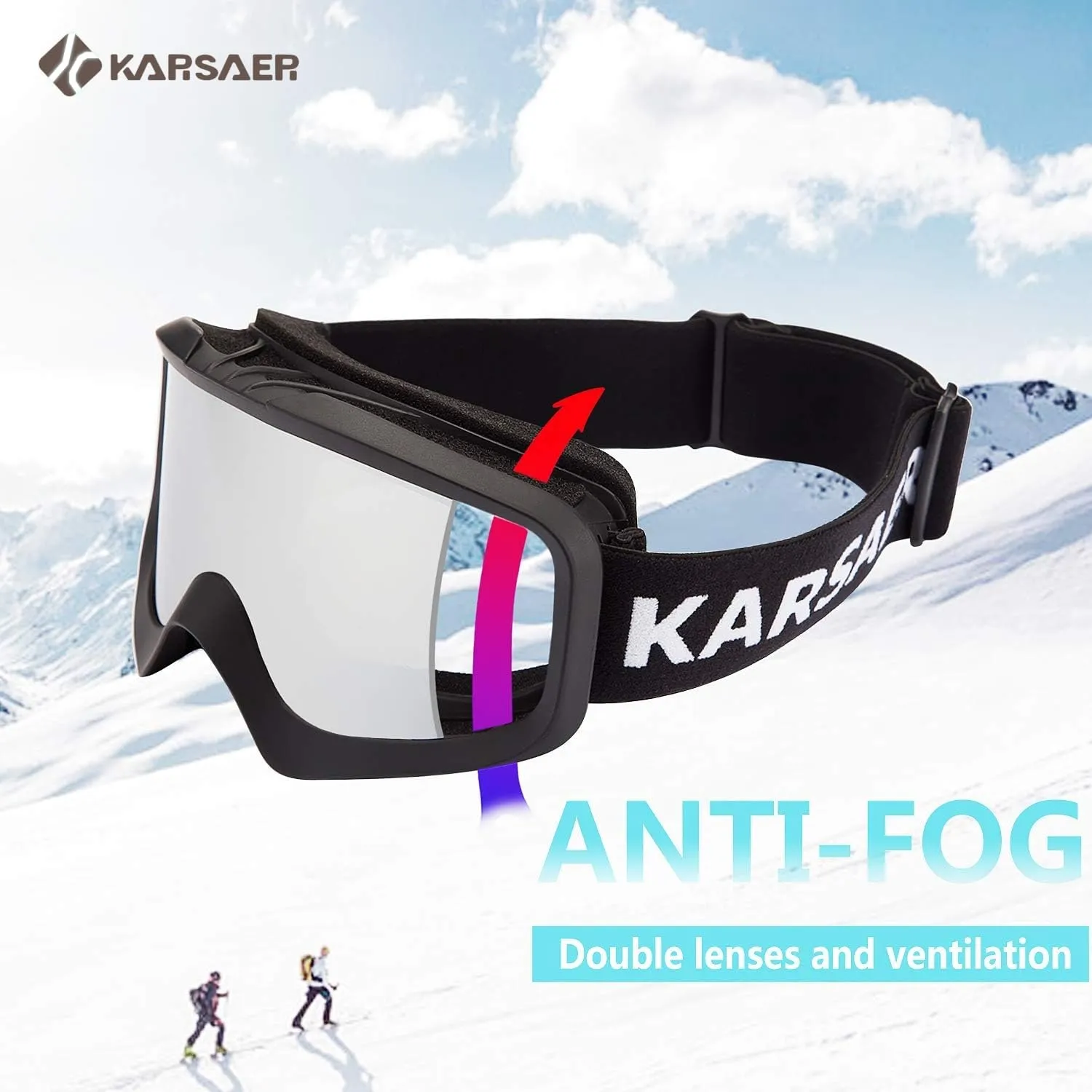 Karsaer Ski Goggles Anti-Fog Snow Goggles OTG 100% UV Protection Snowboard Goggles Bendable Dual-Lenses for Men Women Youth