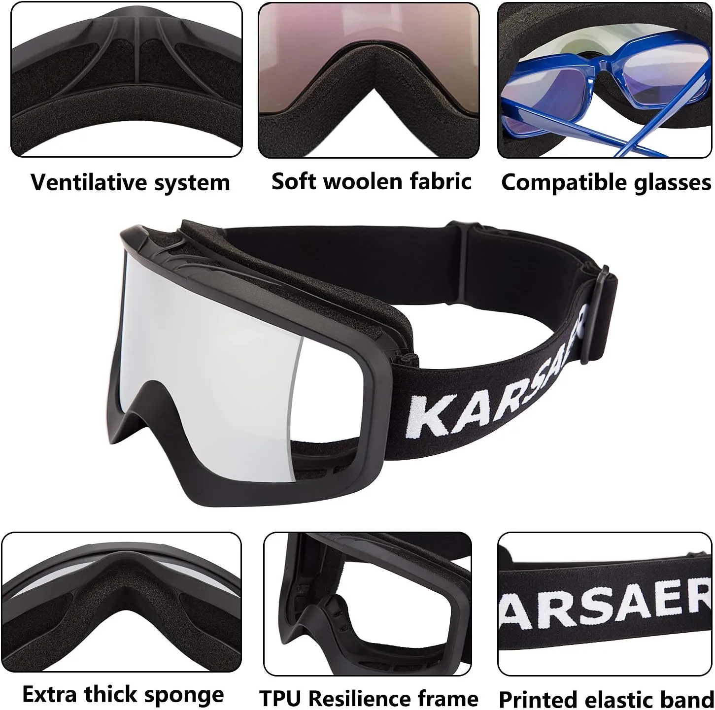 Karsaer Ski Goggles Anti-Fog Snow Goggles OTG 100% UV Protection Snowboard Goggles Bendable Dual-Lenses for Men Women Youth