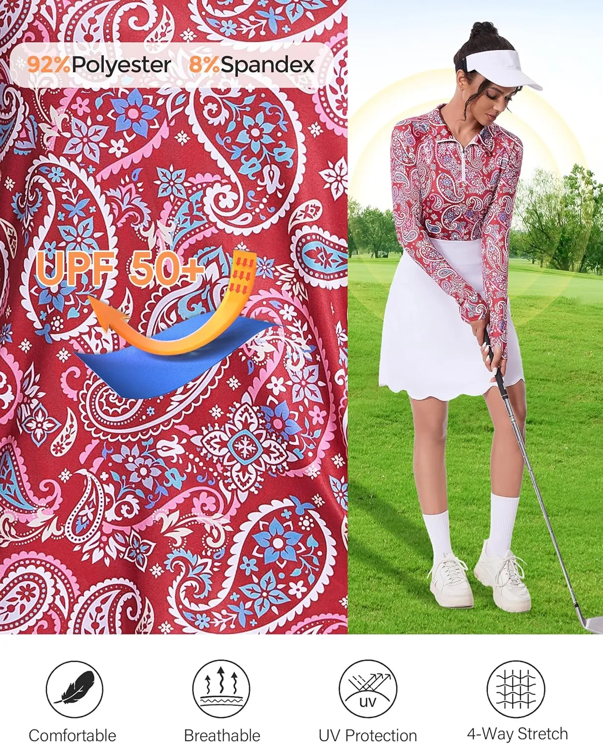 M MOTEEPI Long Sleeve Shirts for Women with Thumb Hole Quick-Dry Womens Golf Shirt Pullover UPF 50  Ladies Sun Shirts