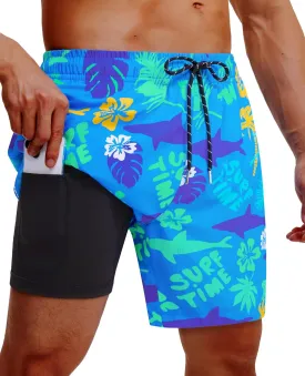 Men's Swim Trunks 7 Inch with Compression Liner 2 in 1 Swim Shorts Stretch Quick Dry Bathing Suits with Pockets