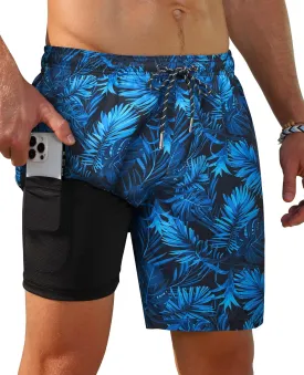 Men's Swim Trunks 7 Inch with Compression Liner 2 in 1 Swim Shorts Stretch Quick Dry Bathing Suits with Pockets