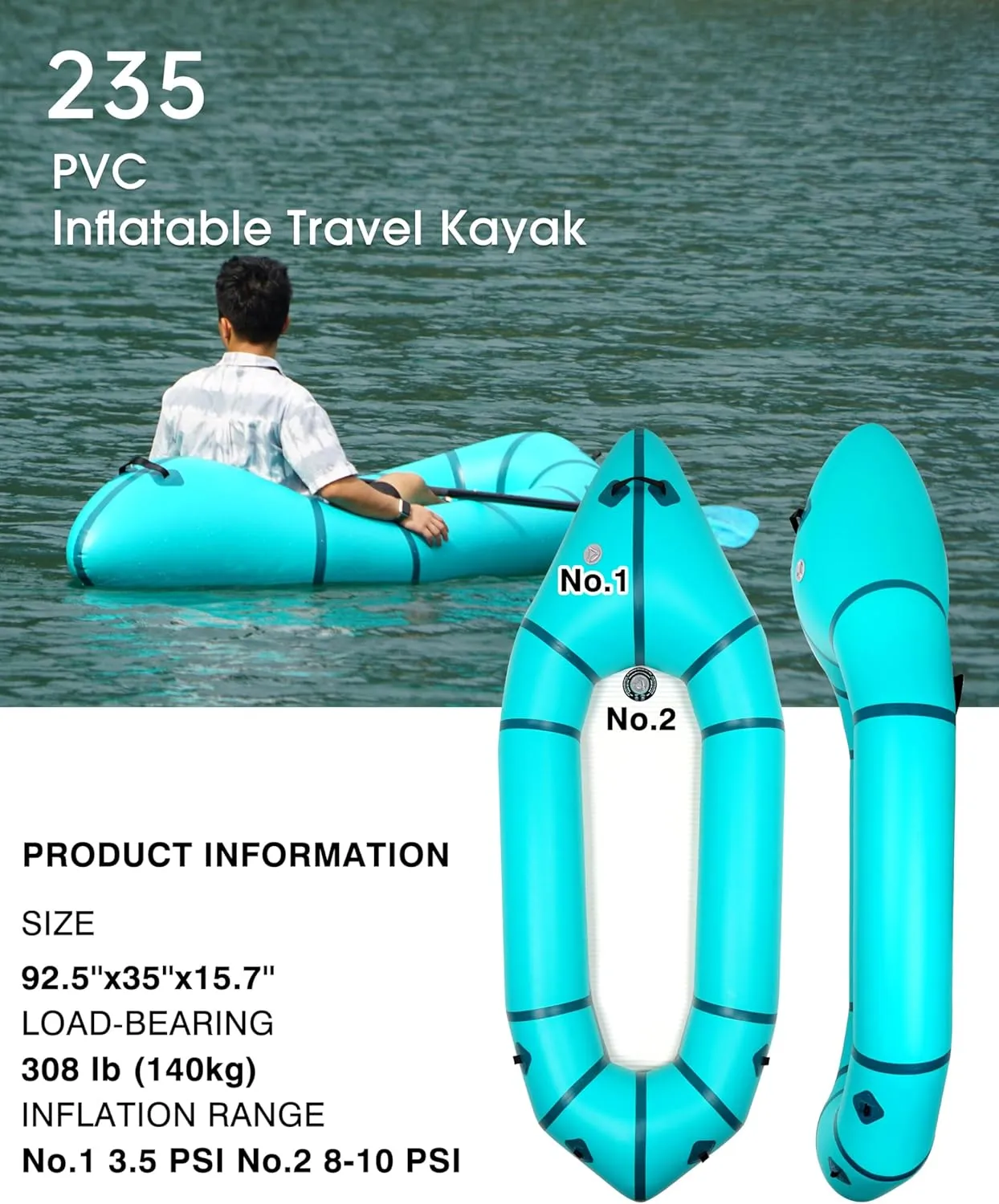 Packraft PVC - Inflatable Kayak for Adults & Kids, Durable, Compact, Rapid Inflate, for Flat Water Rafting, Bicycle Drifting, Litewater Dinghy
