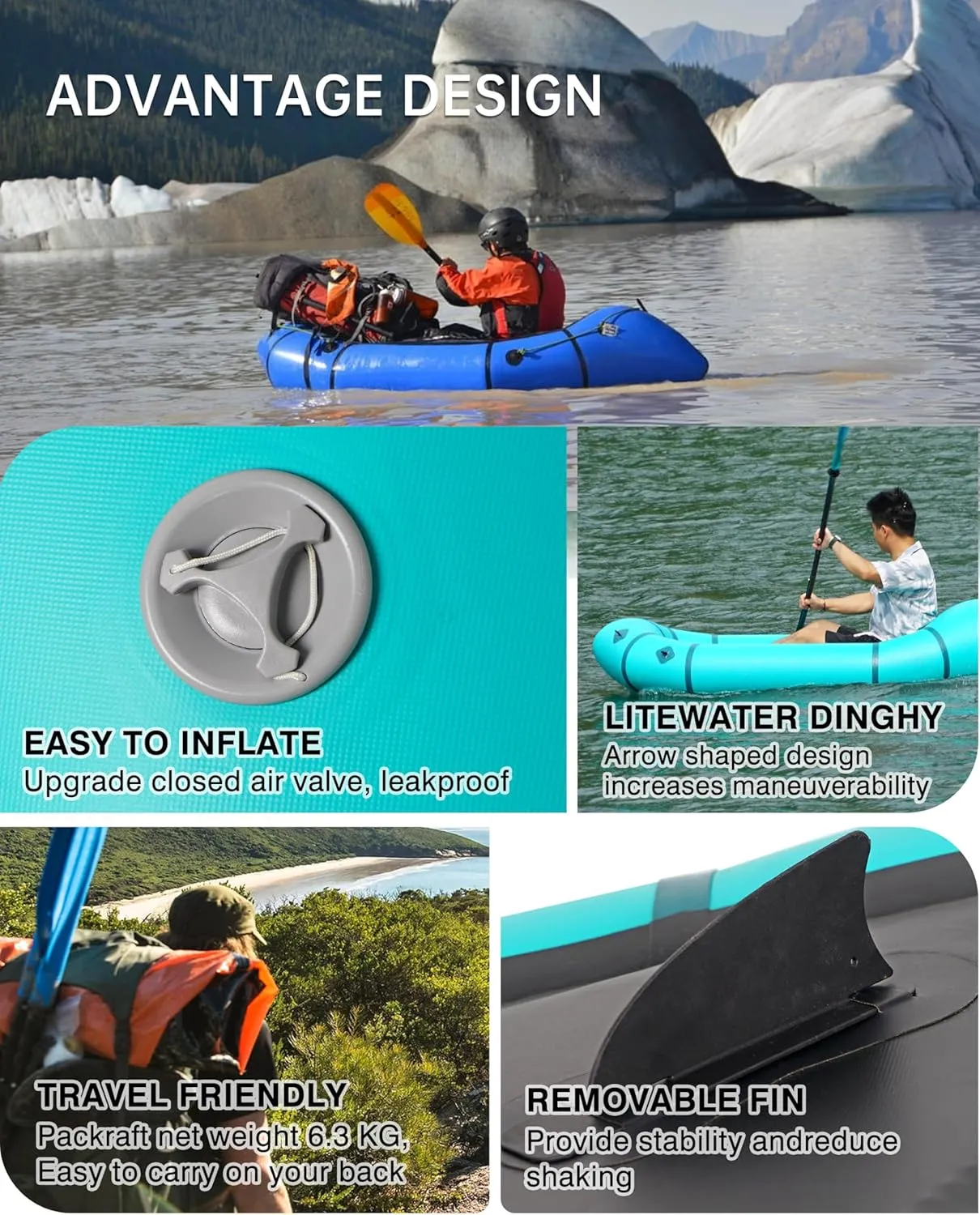 Packraft PVC - Inflatable Kayak for Adults & Kids, Durable, Compact, Rapid Inflate, for Flat Water Rafting, Bicycle Drifting, Litewater Dinghy