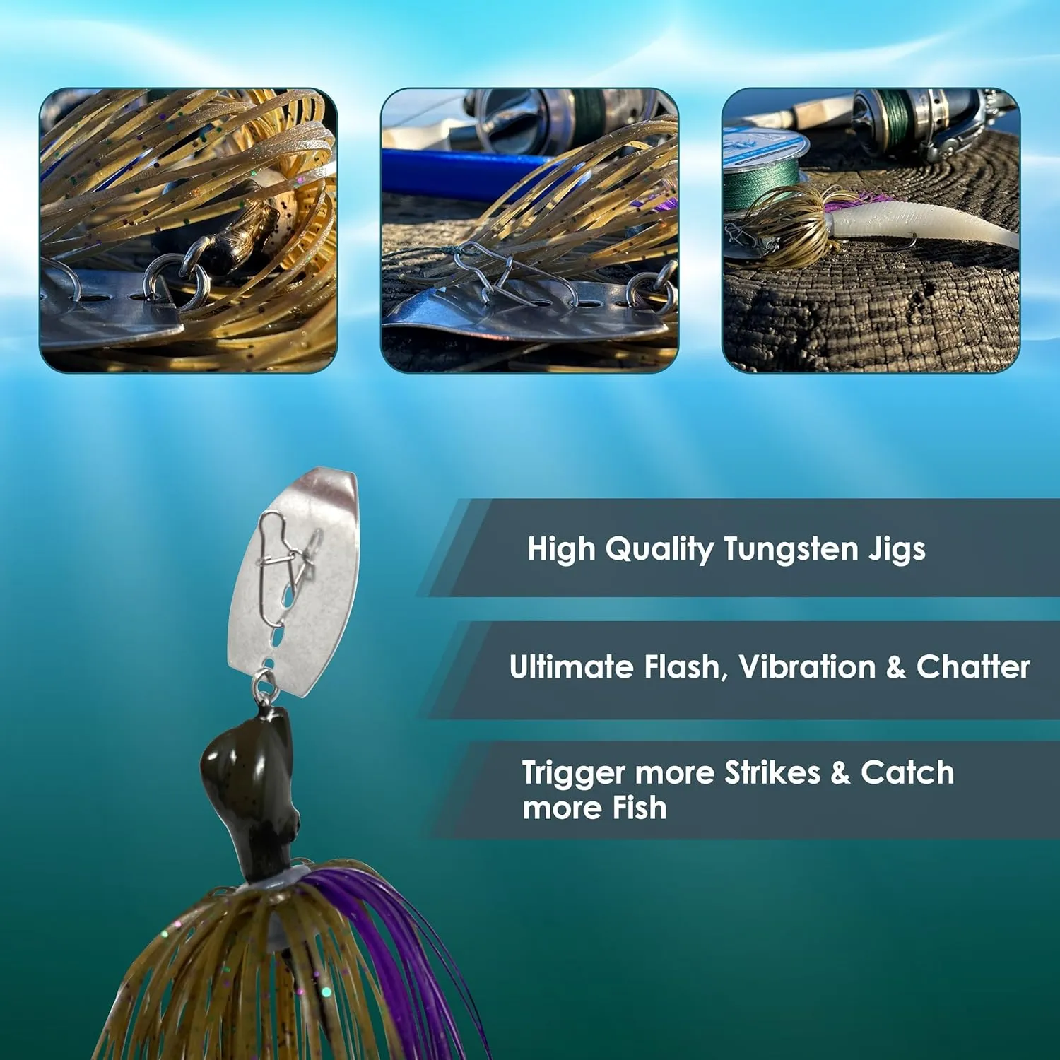 Reaction Tackle Tungsten Breaker Blade Jig Heads for Fishing - 2 Pack of Fishing Jigs for Large and Smallmouth Bass, Trout, Walleye - with Bladed Head to Make a Chatter Sound -Vibrating Spinner Bait