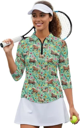 Womens 3/4 Sleeve Golf Shirts Moisture Wicking Golf Polo Shirts Tennis Tops V Neck Golf Polo Shirt Size S-2XL