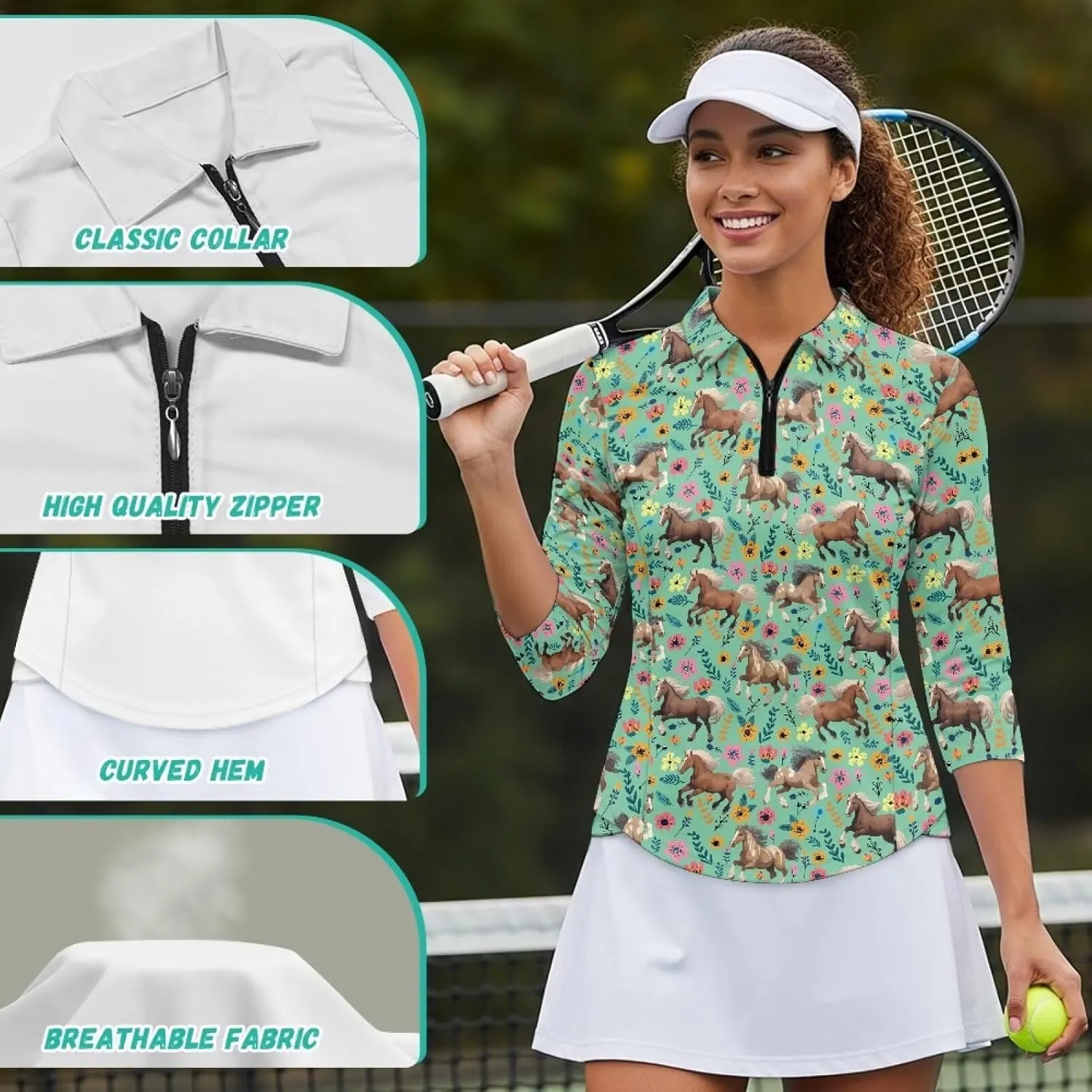 Womens 3/4 Sleeve Golf Shirts Moisture Wicking Golf Polo Shirts Tennis Tops V Neck Golf Polo Shirt Size S-2XL